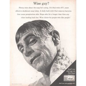 1964 Dial Soap Wise Guy AT-7 Deodorant Vintage Print Ad Man in Shower 10x13